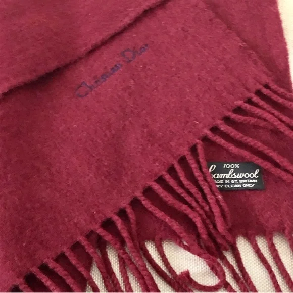CHRISTIAN DIOR Vintage 100% Lambswool Burgundy 53" x 11.5 " Made Great Britain